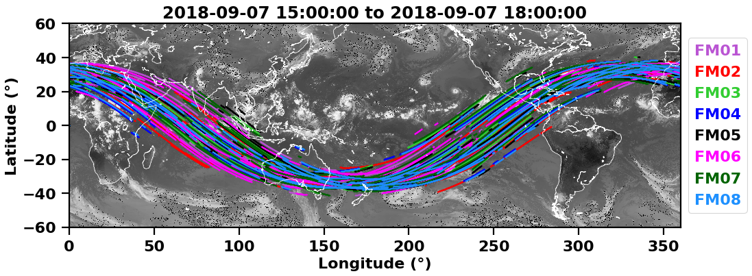 Specular point trajectories from 3pm to 6pm UTC